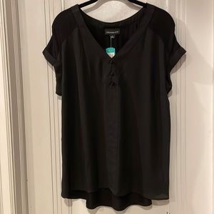 FORTUNE + IVY Helina Mixed Material Blouse, size L, black